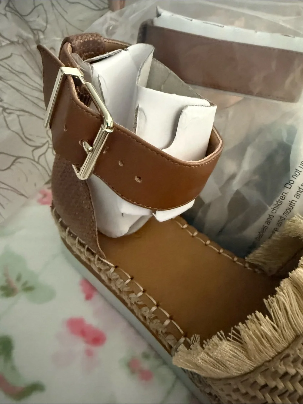 Crown Vintage Beige and Tan Jeweled Espadrille Ankle-Strap Flats